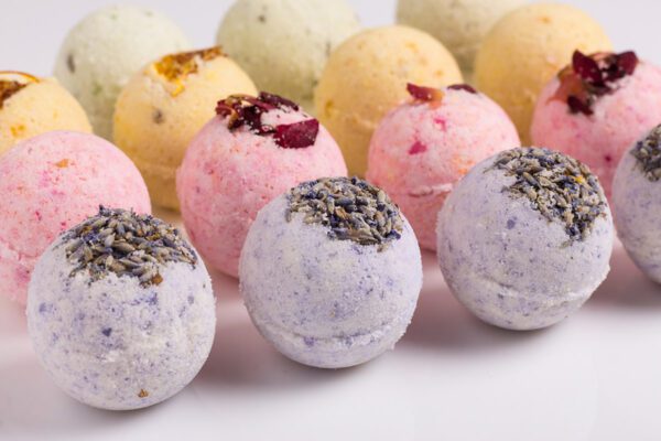 Aromatic bath bombs on a white background.