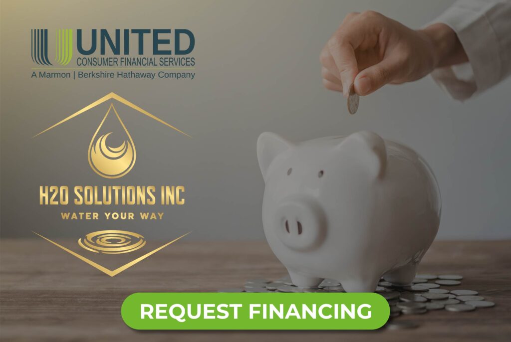 Image of a person placing money into a piggy bank with H2O Solutions and UCFS logos titled "Request Financing"
