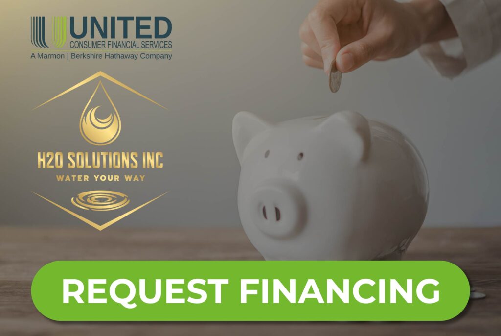 Image of a person placing money into a piggy bank with H2O Solutions and UCFS logos titled "Request Financing"