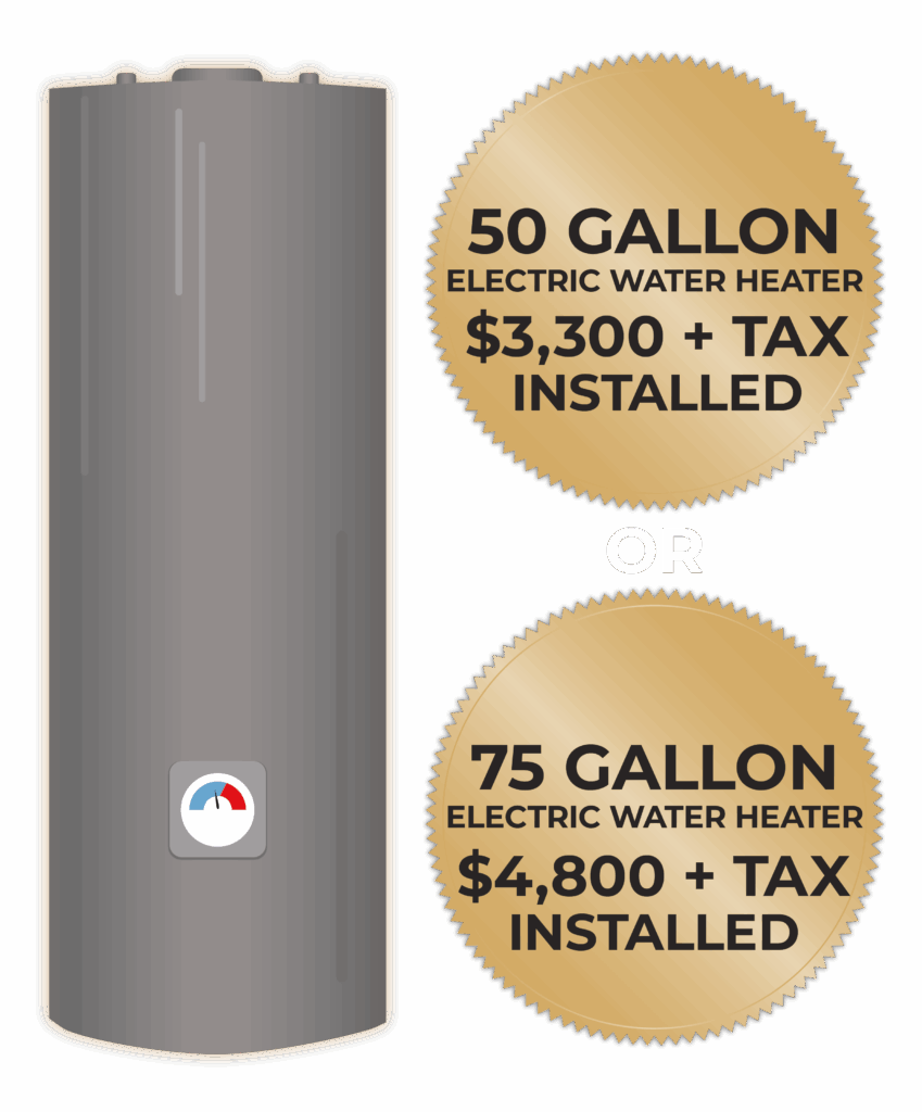 Illustration of H2O Solutions water heater with badges saying "50 gallon water heater $3,300 plus tax installed" and " 75 gallon water heater $4,800 plus tax installed"