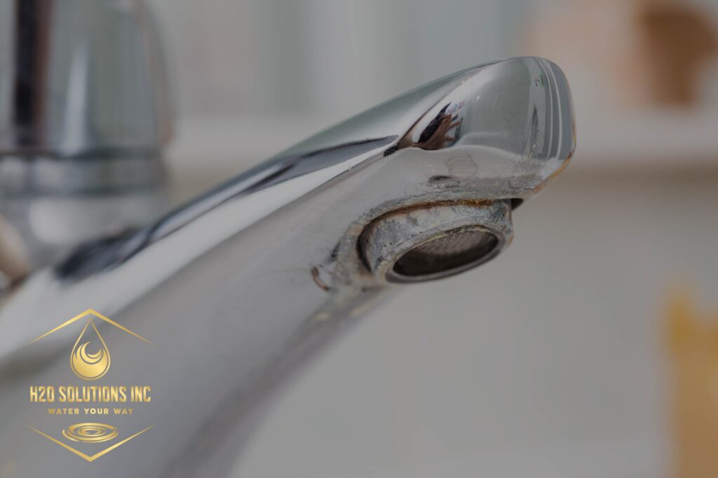 faucet with llimescale buildup and h2o solutions logo