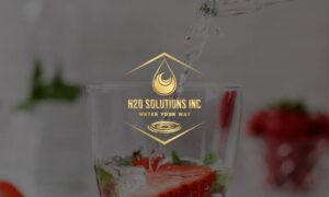 Water pouring into glass with strawberry in it with H2O Solutions logo