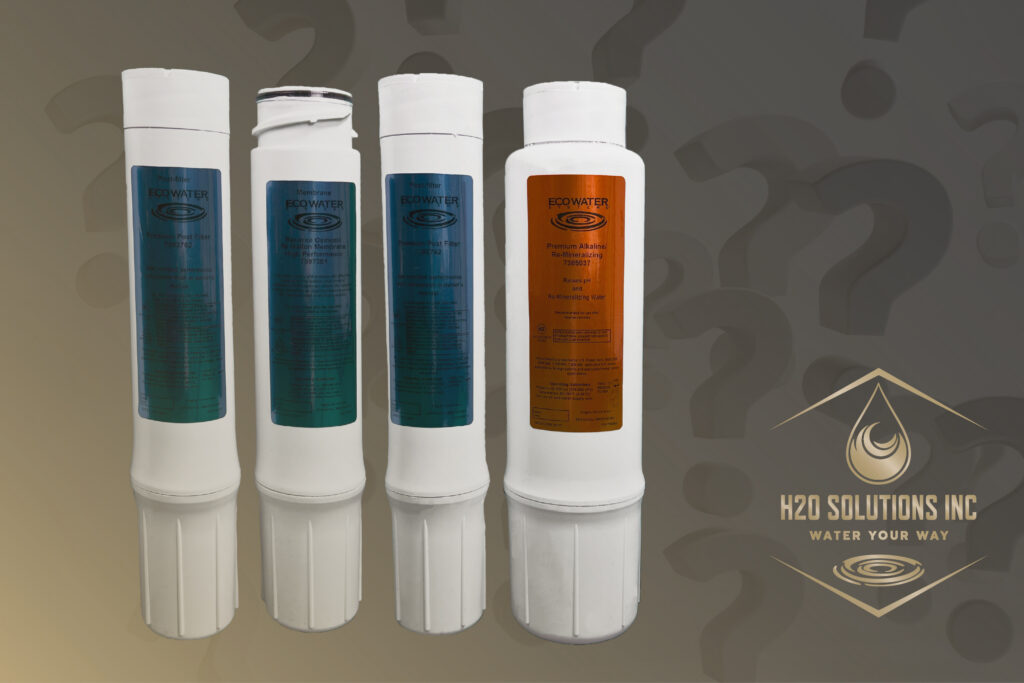 H2O solutions logo and H2O Solutions EcoWater reverse osmosis filters overlayed on black and gold background with question mark pattern