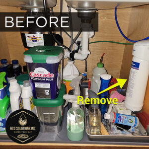 H2O Solutions EcoWater point-of-use reverse osmosis under-sink drinking water system before installation photo